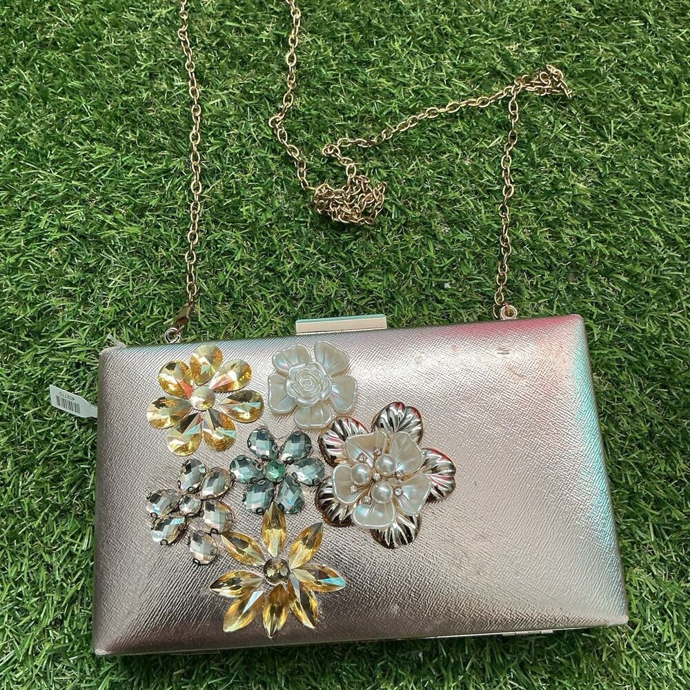 Jeweled Floral Evening Clutch Purse Gold Rhinestone Pearl Chain Strap Wedding
